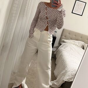 Checkerboard Button-Accent Long Sleeve Crop Top - Brown/White